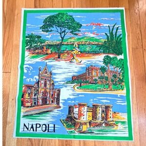 Vintage Napoli Italy Souvenir Tea Towel Kitchen Decor Naples Landmarks Green